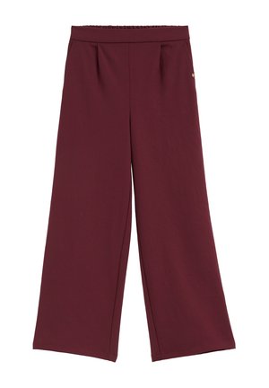 Wijde broekspijpen, broek met hoge taille in bordeaux met een vlakke voorkant en zijnaaddetail, weergegeven op een witte achtergrond.
