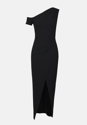 Robe noire à épaule unique en matériau extensible avec un design épuré. Présente une fente à l'avant et une texture superposée au niveau de la taille.