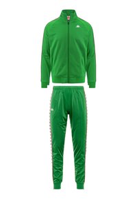 Tuta sportiva verde realizzata in tessuto liscio. Presenta una giacca con zip e pantaloni con fascia elastica in vita, strisce laterali e dettagli con logo.