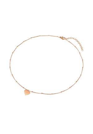 Collier en or rose avec une chaîne délicate, ornée de petites perles rondes et d'un petit pendentif en forme de cœur. Fermoir ajustable pour des longueurs variables.