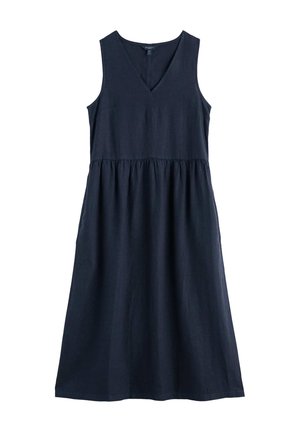 Ujjatlan tengerészkék midi ruha V-nyakkivágással, húzott derékrésszel és egyszerű, bő szoknyával.