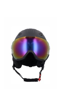 Sort skihjelm med en blank, overdimensioneret, multifarvet visor, polstret inderside, justerbar strop og ventilationsporte til luftstrøm.
