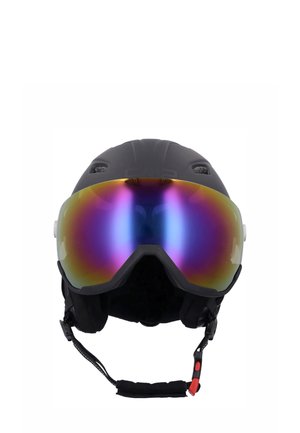 Sort skihjelm med en blank, overdimensioneret, multifarvet visor, polstret inderside, justerbar strop og ventilationsporte til luftstrøm.