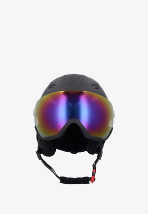 Sort skihjelm med en blank, overdimensioneret, multifarvet visor, polstret inderside, justerbar strop og ventilationsporte til luftstrøm.