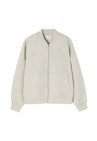 Lys beige bomberjakke med lynlås foran, ribbede manchetter og kant. Har to sidelommer og en glat tekstur. Stoffet virker let.