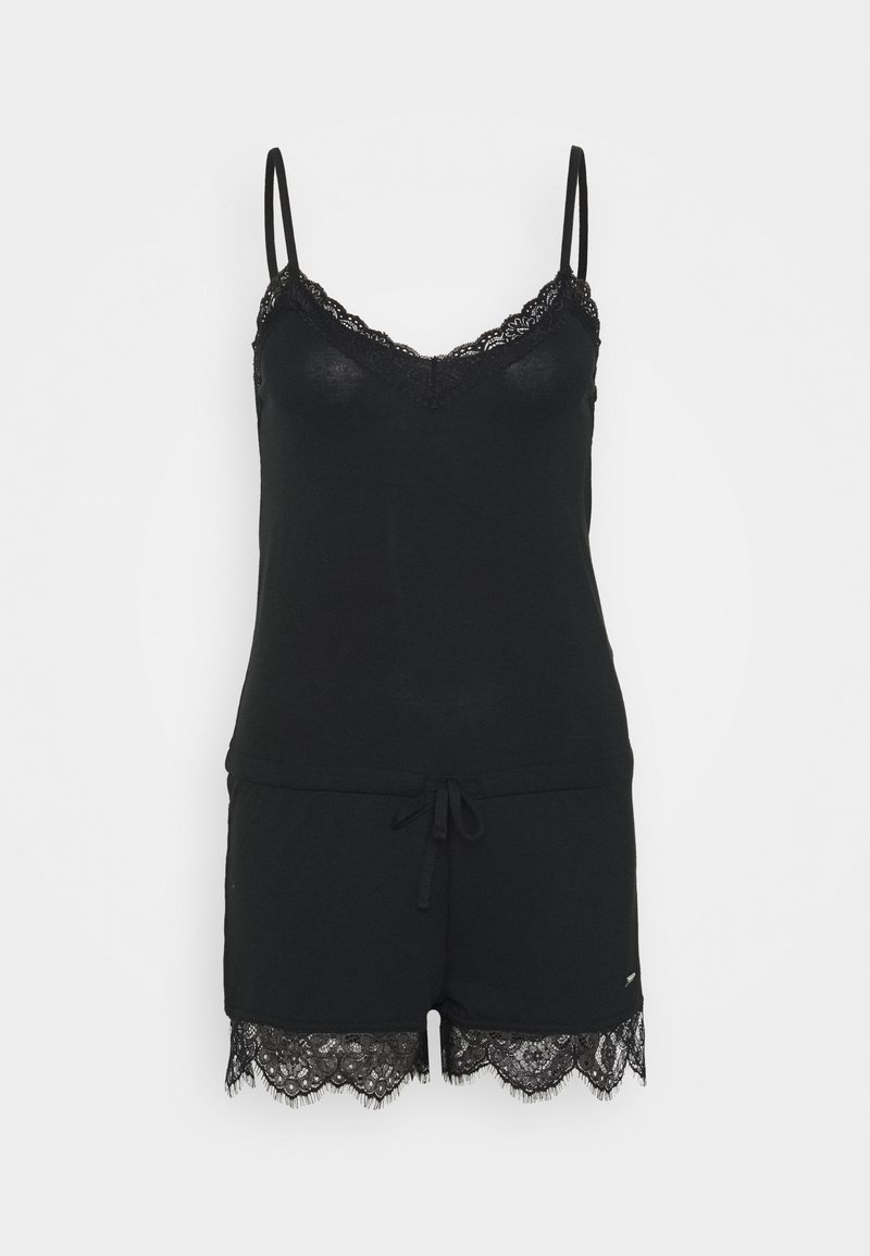 Black sleeveless pajama set with lace trim. V-neck top with adjustable straps and matching shorts featuring lace hem and drawstring waistband.