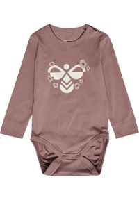Långärmad baby bodysuit i dämpad rosé med rund halsringning, tryckknappsstängning och en grafisk design av en blommig bi på framsidan. Slät bomullsmaterial.
