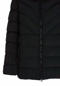 Giacca puffer nera con chiusura a zip, caratterizzata da un design trapuntato a zigzag e polsini elasticizzati. Materiale morbido e leggero.