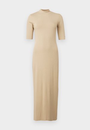 Beige ribbed knit maxi dress with short sleeves and a high neckline, featuring a fitted silhouette and smooth texture.