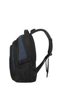 Black and navy backpack with multiple compartments, padded straps, mesh accents, and a side pocket. Durable material with a structured shape.