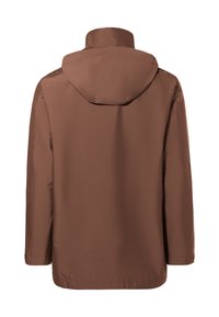 Giacca impermeabile marrone con cappuccio, caratterizzata da una texture liscia e un taglio dritto, senza chiusure o decorazioni visibili sul retro.