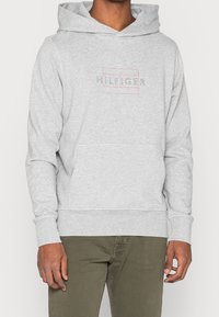 Felpa grigia chiara realizzata in tessuto morbido, con tasca frontale, polsini a coste e un logo "HILFIGER" multicolore sul petto.