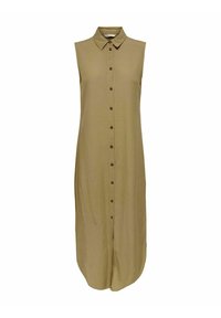 Abito midi senza maniche beige con bottoni, colletto e orlo curvo, esposto su uno sfondo bianco semplice.