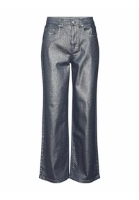 Jeans in denim a gamba larga con una finitura metallica grigio scuro. Presentano un classico design a cinque tasche e una chiusura con bottone standard.
