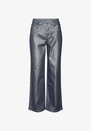 Denim traperice širokih nogavica u metalik tamnosivoj završnoj obradi. Imaju klasičan dizajn s pet džepova i standardno dugme za zatvaranje.