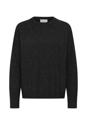 Ciemnoszary wełniany sweter z okrągłym dekoltem, długimi rękawami i luźnym krojem, o gładkiej teksturze i minimalistycznym wzornictwie.