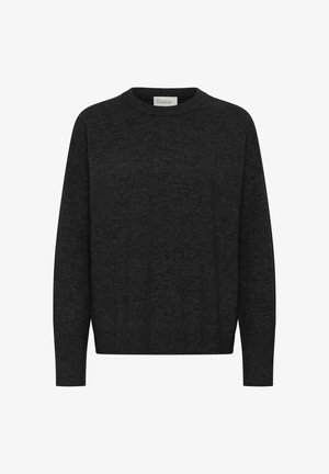 Ciemnoszary wełniany sweter z okrągłym dekoltem, długimi rękawami i luźnym krojem, o gładkiej teksturze i minimalistycznym wzornictwie.