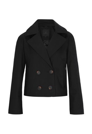 Fekete, dupla soros zakó széles gallérral, két nagy barna gombbal, hosszú ujjakkal és strukturált kialakítással.