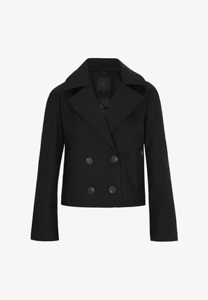 Fekete, dupla soros zakó széles gallérral, két nagy barna gombbal, hosszú ujjakkal és strukturált kialakítással.