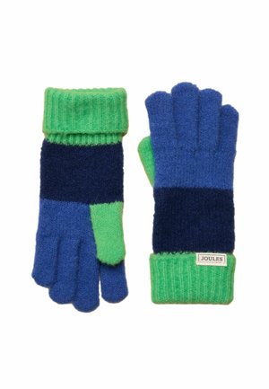 Paar gestrickter Handschuhe mit grünen Bündchen, blauen Fingern und einem dunkelmarineblauen Streifen über der Handfläche, mit einem kleinen Joules-Logo.