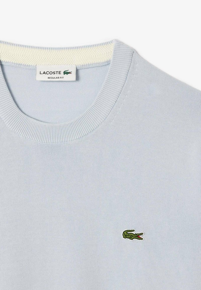 Maglione in cotone blu chiaro con collo a coste testurizzato e un piccolo logo a forma di coccodrillo ricamato in verde sul petto.