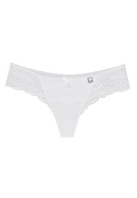 Witte kanten string met een gladde voorkant en een intricaat bloemene patroon aan de zijkanten. Bevat een klein lintaccent en een logo-label.