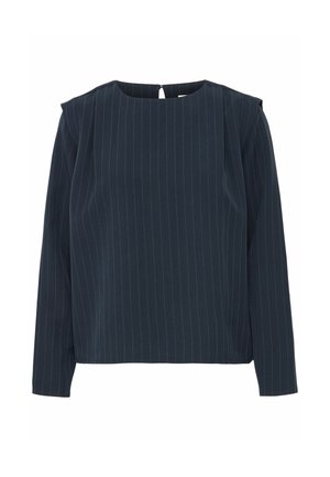 Top long à manches longues bleu marine avec des rayures verticales subtiles, col rond et détail en forme de clé à l'arrière. Tissu doux avec une texture lisse.