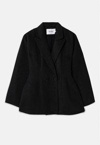 Črn dvorežni blazer s širokimi klapnicami, dvema gumboma in prilagojenim krojem, položen na beli podlagi.