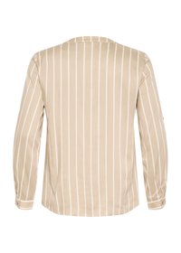 Beige košile s dlouhým rukávem a vertikálními bílými pruhy; má kulatý výstřih a manžety na knoflíky, vyrobena z hladkého materiálu.