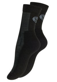 Chaussettes noires avec un motif texturé, dotées d'un talon et d'un orteil renforcés, et d'une manche en côtes. Branding bleu subtil sur le côté.
