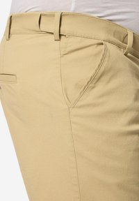 Pantaloni khaki realizzati in un tessuto misto cotone, con vita piatta, tasche laterali inclinati e una texture liscia.