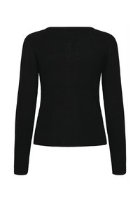 Svart långärmad tröja med ribbad struktur, figursydd silhuett och rundad bakre halsringning. Enkel och mångsidig design.