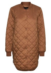 Veste longue marron matelassée de style bomber, avec des boutons-pression, des poignets en maille côtelée et des poches latérales, dotée d'une texture lisse et brillante.