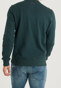 Tmavě zelená mikina se žebrovanými manžetami a lemem. Má jednoduchý design vzadu a tři malé černé akcenty blízko lemu.