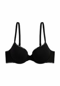 Reggiseno imbottito nero con spalline regolabili e un cinturino con logo che presenta "TOMMY HILFIGER". Tessuto liscio con design senza cuciture e supporto con ferretto.