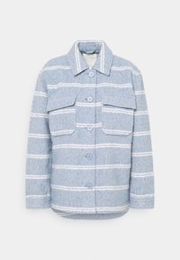 Ljusblå ulljacka med vita horisontella ränder, knäppning fram, två stora fickor med klaff på bröstet och en nedfällbar krage.