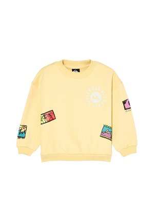 Lichtgele crewneck-trui met kleurrijke patchontwerpen en een witte zonafbeelding op de borst.