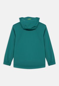 Teal hooded jacket with elastic cuffs and yellow "CMP" logo on back of the hood, shown from behind on a white background.