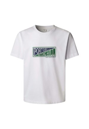 Hvid bomulds-T-shirt med et grønt og blåt tryk med teksten "PORTOBELLO NOTTING HILL" og "PEPE JEANS LONDON" nedenunder. Kortærmet.