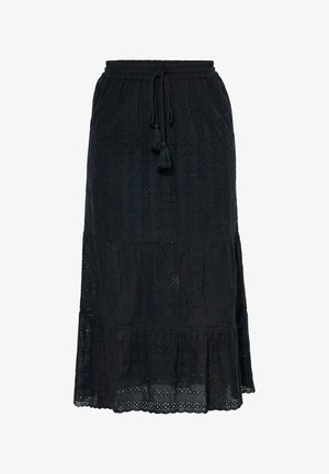 Sort midi-nederdel med hulbroderi, lagdelte flæser, elastisk linning og snørelukning med kvaster i taljen.