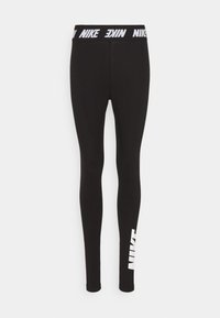 Czarne elastyczne legginsy z szerokim czarnym pasem w talii, z białym logo "NIKE". Białe logo "NIKE" nadrukowane na lewej nogawce.