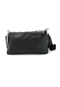 Zwarte leren schoudertas in een rechthoekige vorm, met ritssluiting, zilverkleurige hardware en een verstelbare band. Glad oppervlak met minimale details.