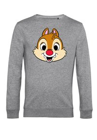 Felpa grigia con un grande grafico del volto di un personaggio dei cartoni animati in marrone, beige e rosso, con colletto rotondo e polsini a coste.