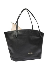 Borsa tote in pelle nera con finitura testurizzata, dotata di due manici e una piccola pochette beige con cerniera all'interno, brandizzata "braccialini".