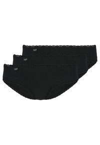 Black cotton panties, featuring lace trim along the waistband and leg openings. Three pairs shown, each with a smooth texture.