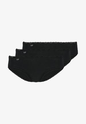 Bragas de algodón negras, con encaje en la cintura y las aberturas de las piernas. Se muestran tres pares, cada uno con una textura suave.