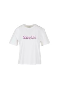 Balta medvilnė marškinėliai su trumpomis rankovėmis ir apvaliu kaklu, su rožinės spalvos siuvinėtu užrašu "Baby Girl" priekyje.