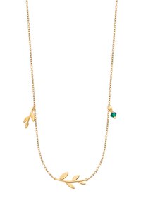 Naszyjnik w odcieniu złota z delikatnym motywem liścia, ozdobiony dwoma akcentami w kształcie liści oraz małym zielonym kamieniem przymocowanym do łańcuszka.