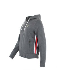 Grijze zip-up hoodie gemaakt van zachte stof. Voorzien van een witte koord, logo-patch en rood-witte gestreepte accenten op de mouwen.