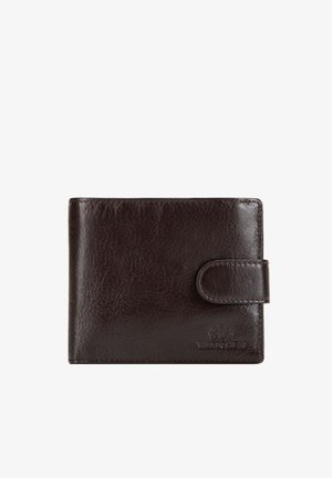 Dark brown leather bifold wallet with snap closure, textured surface, and embossed brand logo on lower right corner.